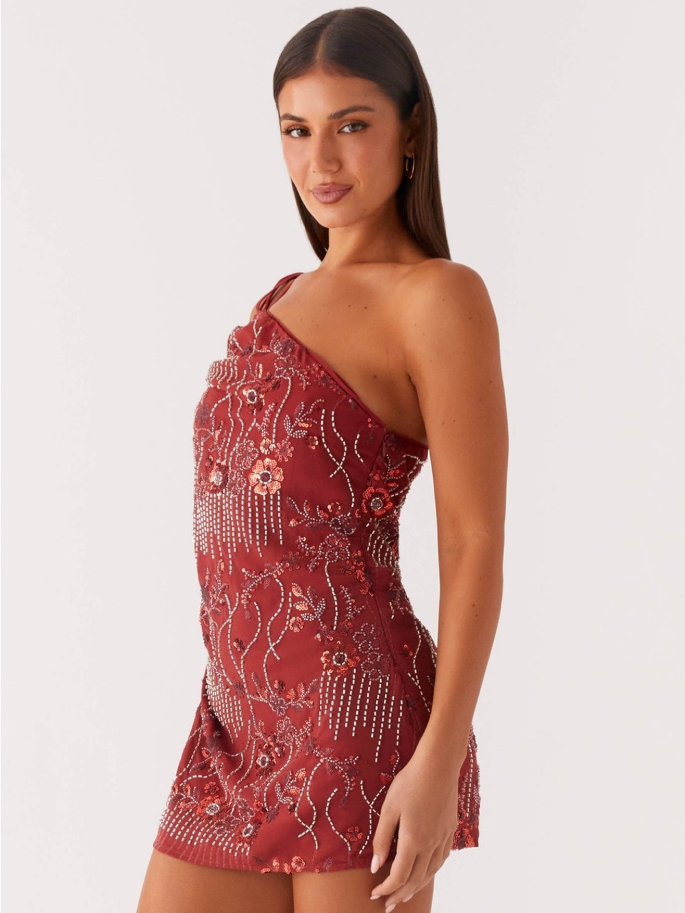 Peppermayo One-Shoulder Beaded Mini Dress in Burgundy - Picture 3 of 6